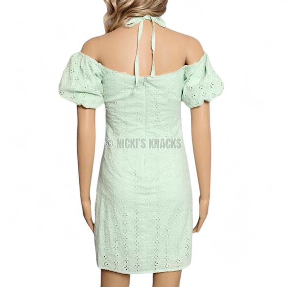 BCBGeneration Eyelet Halter Mini Dress Mint Green Puff Sleeve Cotton Size 0 - Picture 5 of 11